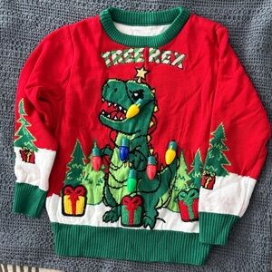 Festive Dinosaur Kids Sweater - Red, Green, and White